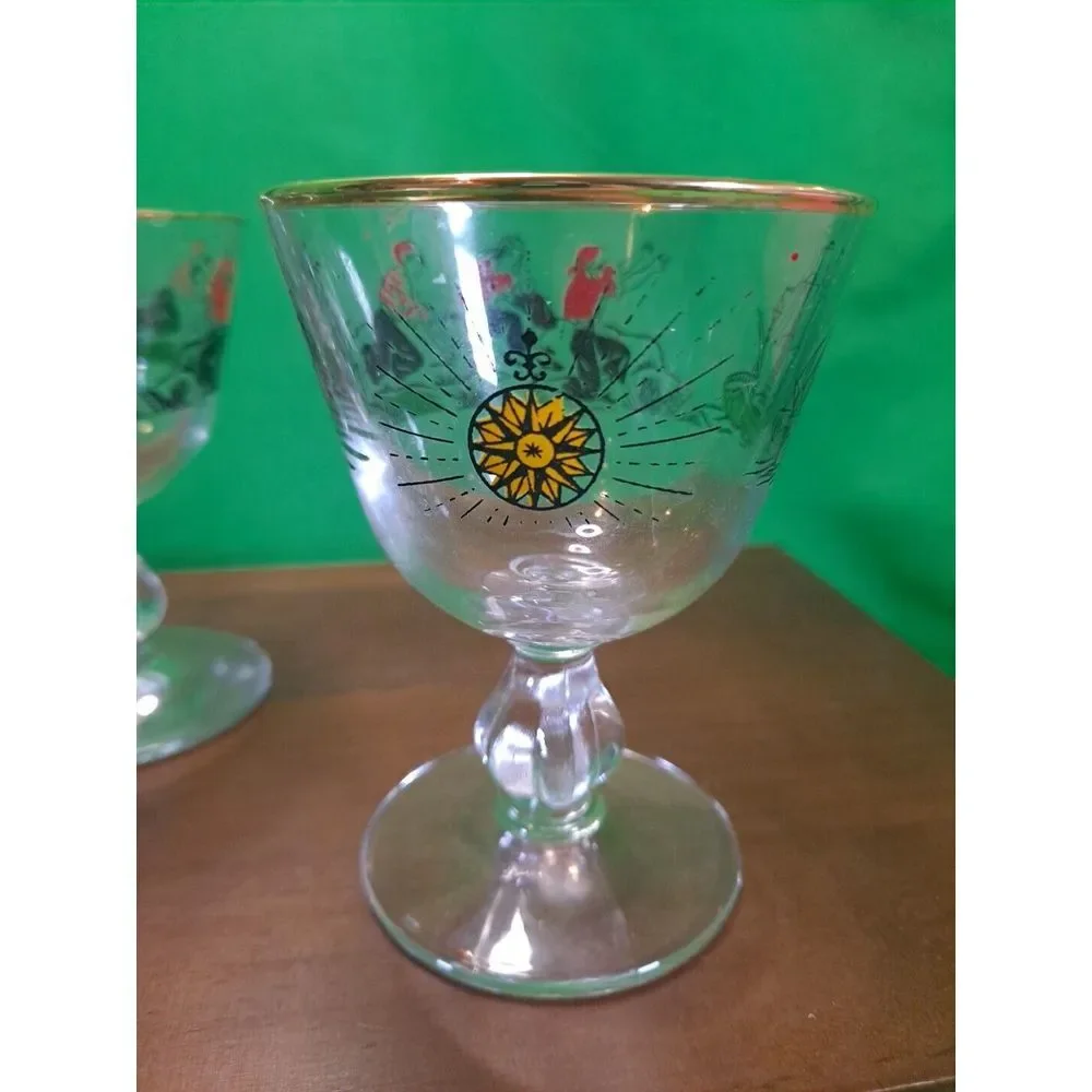 Vintage Libbey /Set of 5 /Treasure‎ Island Pirates /8 oz. Gold Rim Bar  Glasses